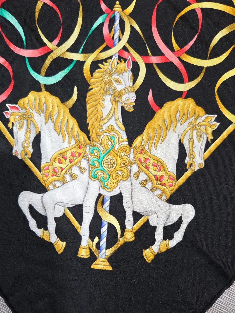 Hermes MINT Luna Park Silk Scarf 90cm/ 35" Black Carousel Horses Gold Pink Blue - Picture 15 of 17